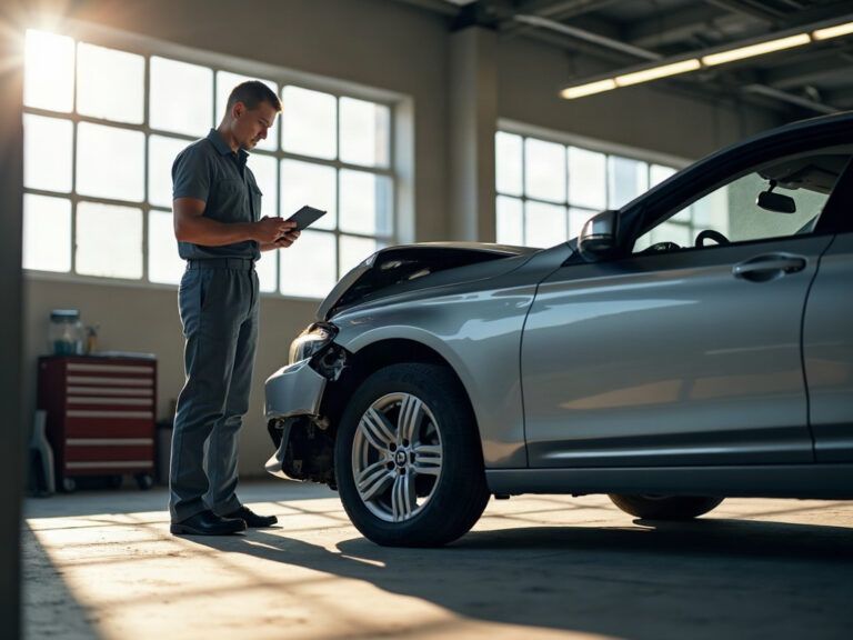 A body shop technician documenting collision damage on a silver sedan during the initial inspection phase, illustrating what happens after i drop car at body shop step by step.