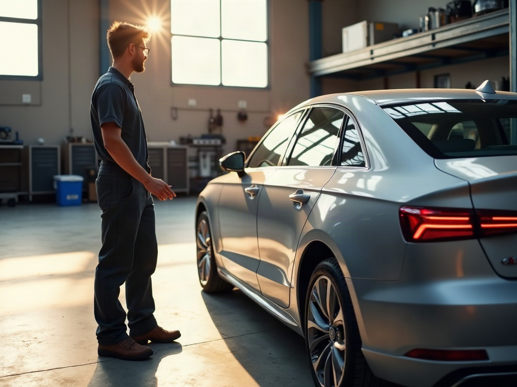 A body shop technician documenting collision damage on a silver sedan during the initial inspection phase, illustrating what happens after i drop car at body shop step by step.