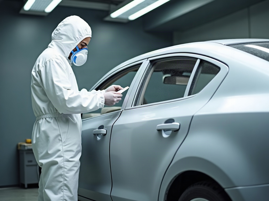Auto body technician performing car color matching paint by comparing a test paint card to a repaired silver sedan panel under bright workshop lighting