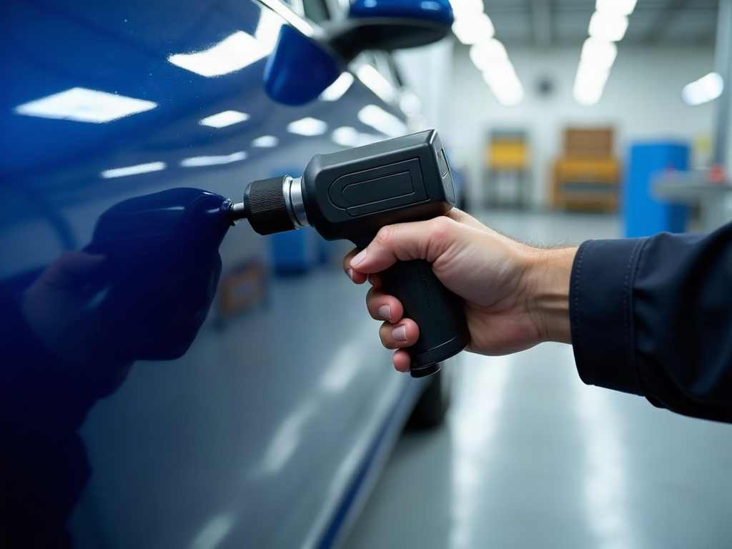 Auto body technician performing car color matching paint by comparing a test paint card to a repaired silver sedan panel under bright workshop lighting