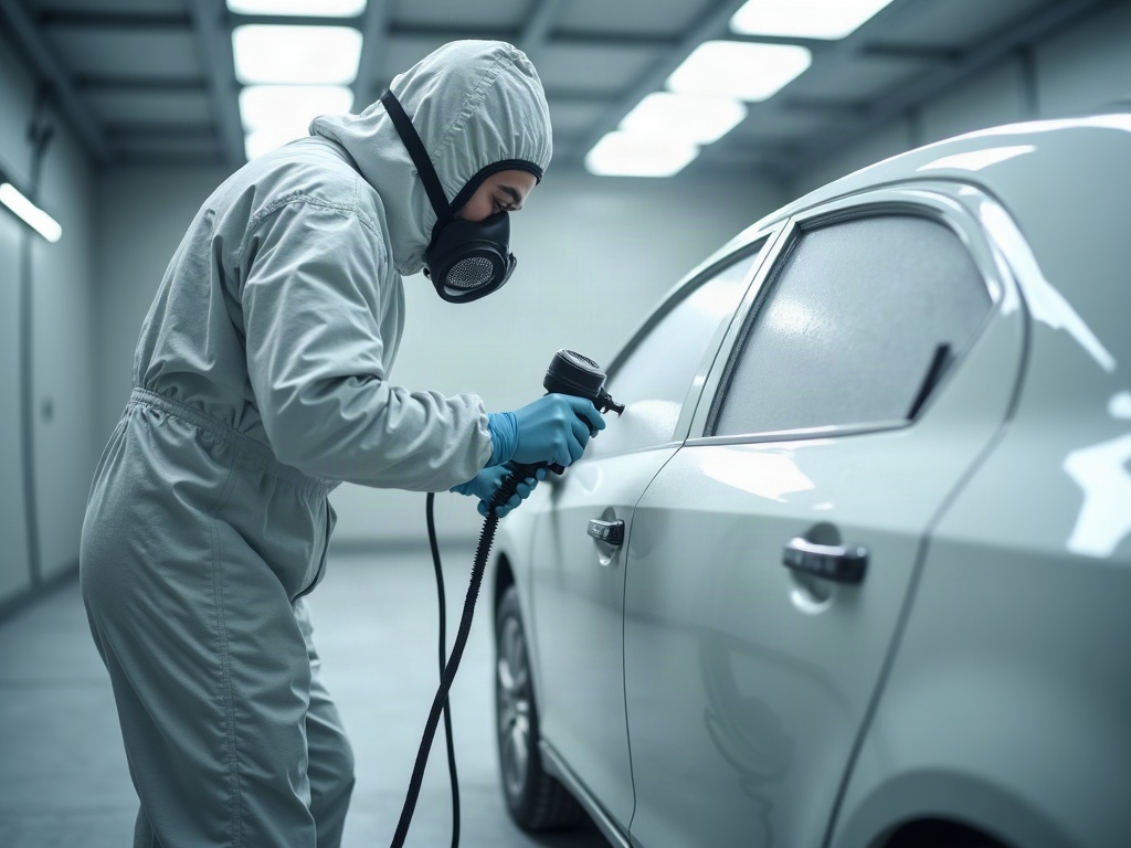 Auto body technician performing car color matching paint by comparing a test paint card to a repaired silver sedan panel under bright workshop lighting