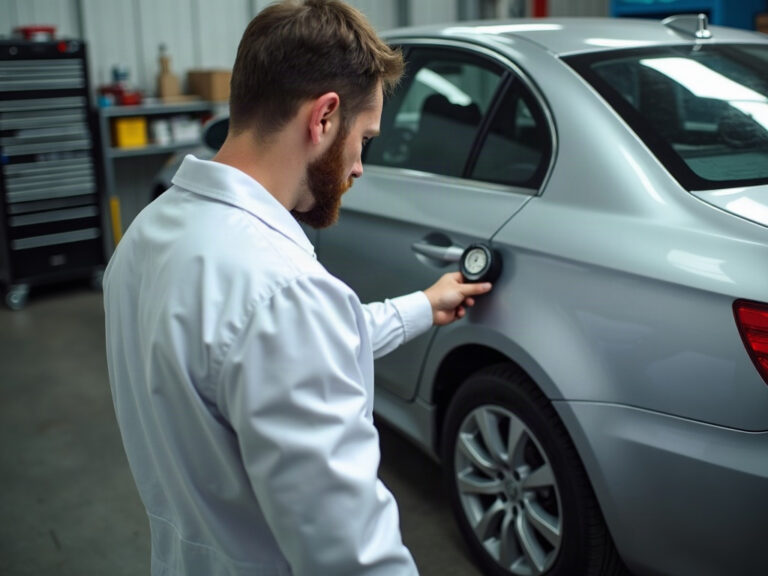 An auto body technician carefully inspecting collision damage — the thorough assessment an independent shop provides compared to a direct repair program body shop cutting costs for insurers.