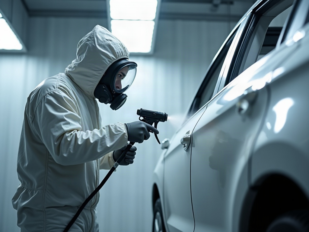 An auto body technician performing precise color-matched paint work as part of comprehensive auto body services