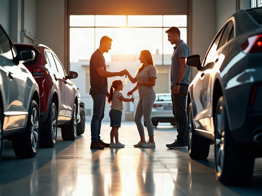 Happy vehicle owners picking up their car after trusted auto body services restored it to pre-accident condition