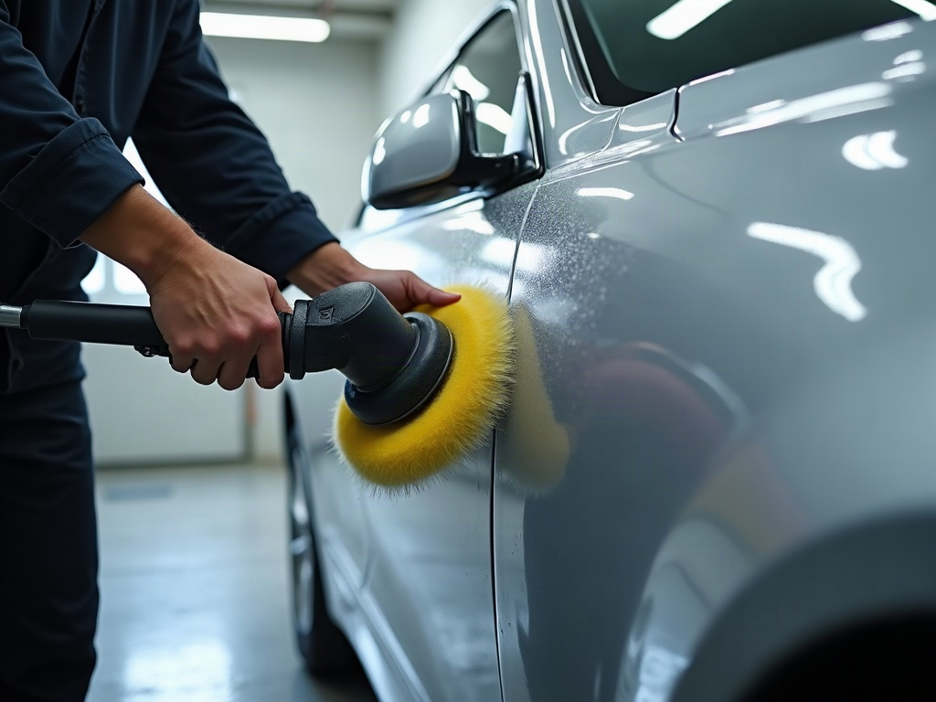 Detailing & Protection A detailing technician using a machine polisher for paint correction as part of an auto detailing and paint protection service on a silver vehicle door panel