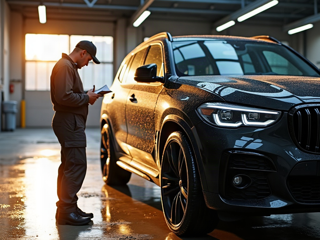 Detailing & Protection A black SUV with a freshly applied ceramic coating showing a deep gloss finish after a professional auto detailing and paint protection service at a San Fernando Valley auto shop