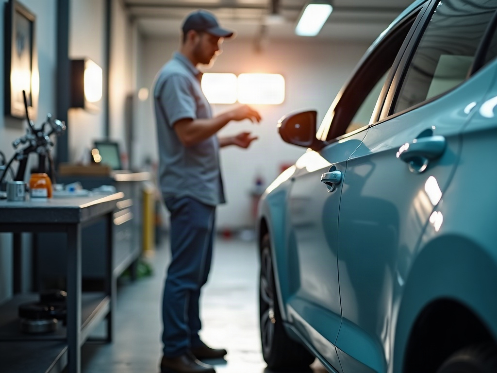 A skilled auto repair technician in <span class="av_sa_city">Burbank</span> applying precision color-matched paint to a repaired vehicle door panel.