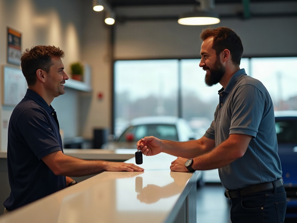 A happy vehicle owner receiving their keys after a completed auto repair service at 3D Motors in <span class="av_sa_city">Burbank</span>.